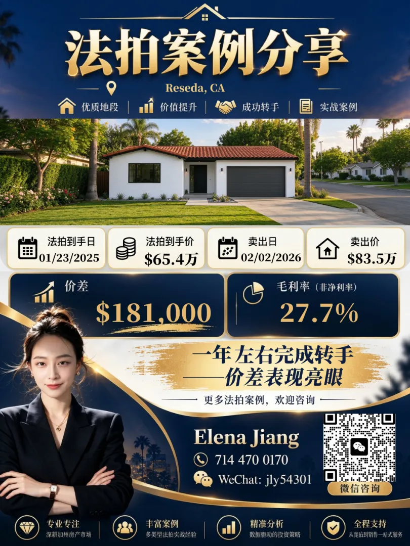 Reseda 法拍房成交案例：以 $654,000 法拍到手，2026-02 以 $835,000 卖出