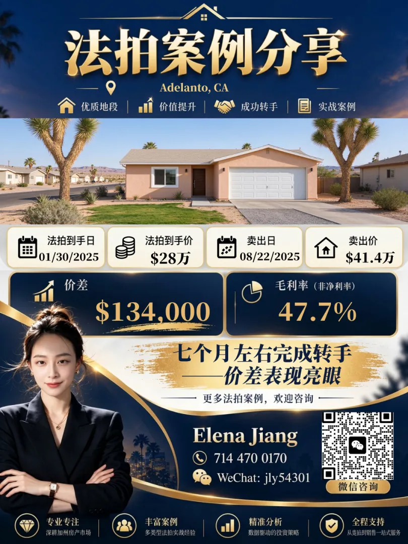 Adelanto 法拍房成交案例：以 $280,000 法拍到手，2025-08 以 $414,000 卖出