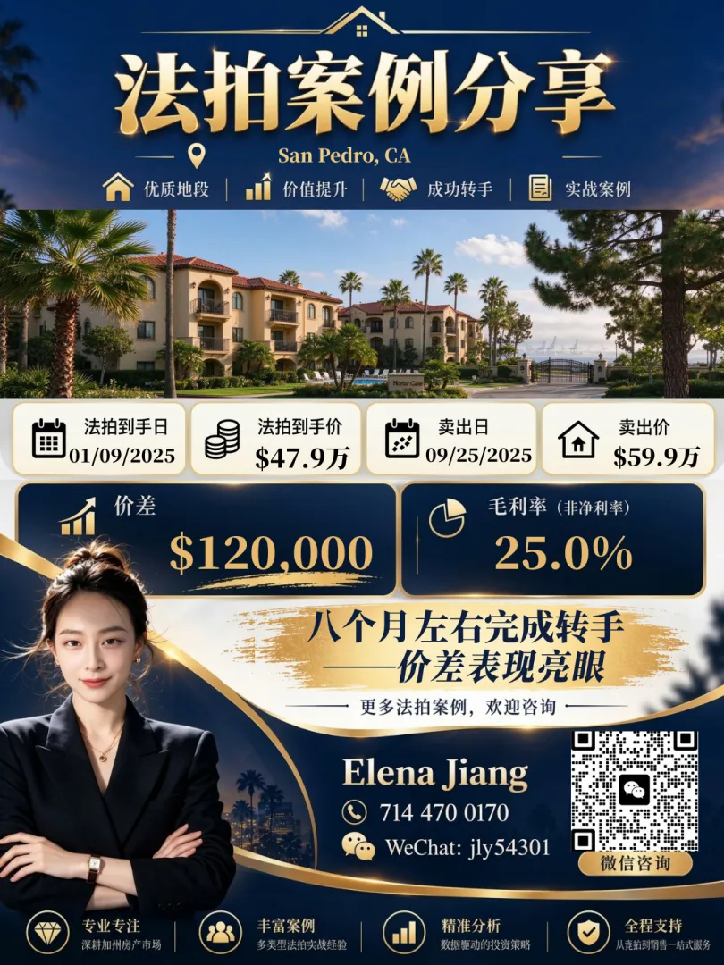 San Pedro 法拍房成交案例：以 $479,000 法拍到手，2025-09 以 $599,000 卖出