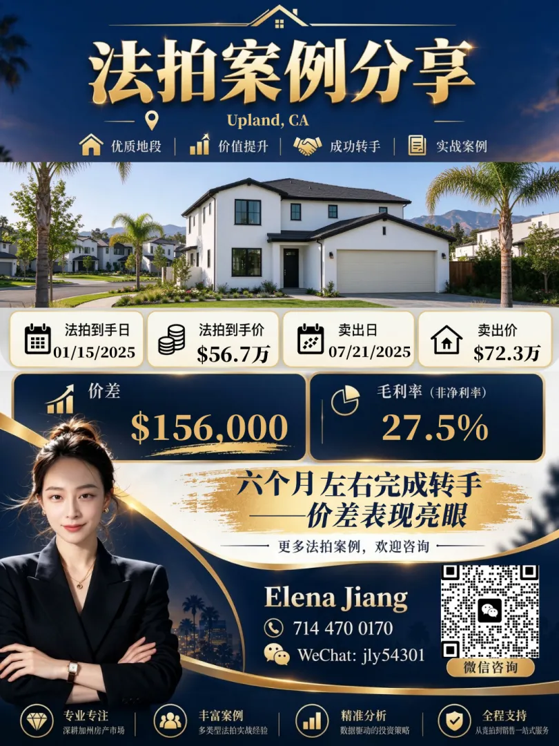 Upland 法拍房成交案例：以 $567,000 法拍到手，2025-07 以 $723,000 卖出