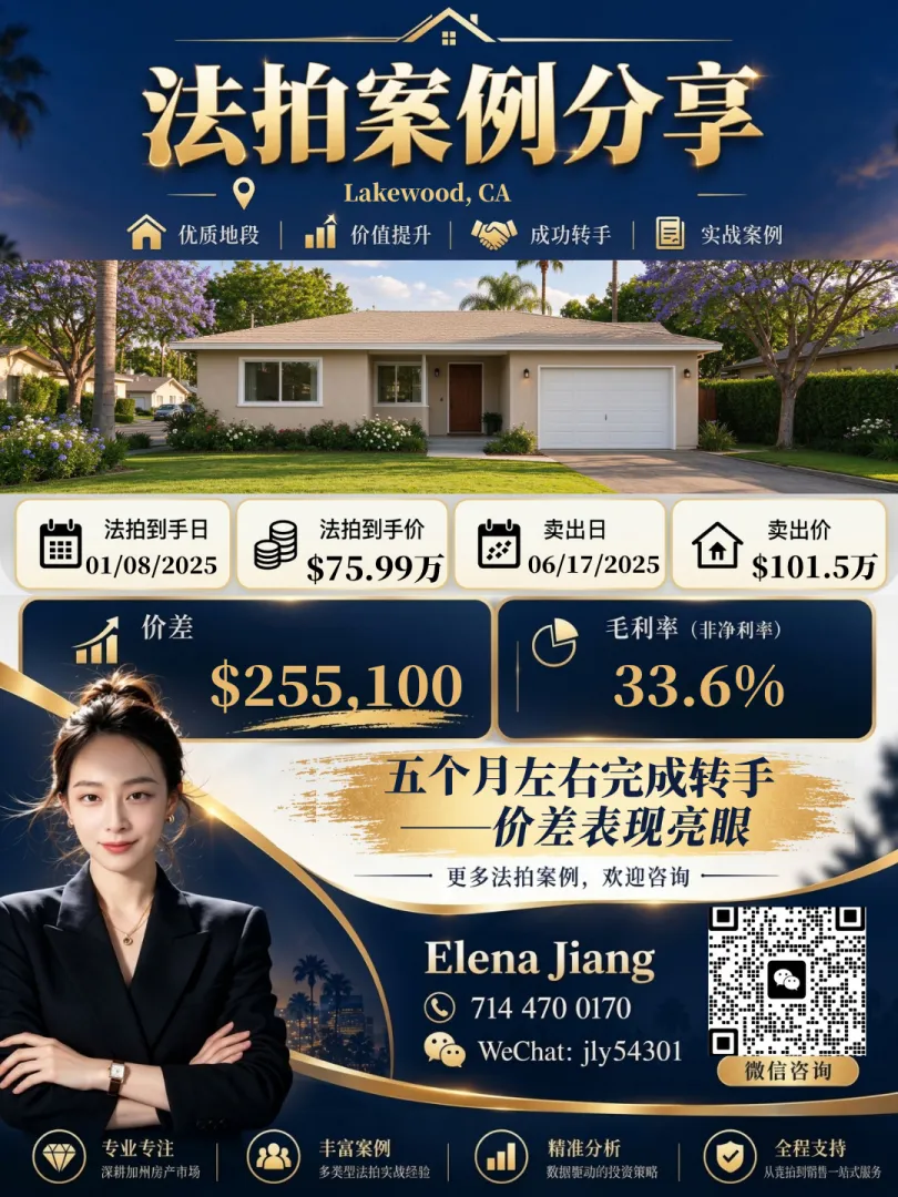 Lakewood 法拍房成交案例：以 $759,900 法拍到手，2025-06 以 $1,015,000 卖出
