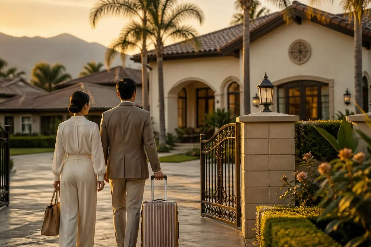Overseas Chinese couple arriving at their new California home