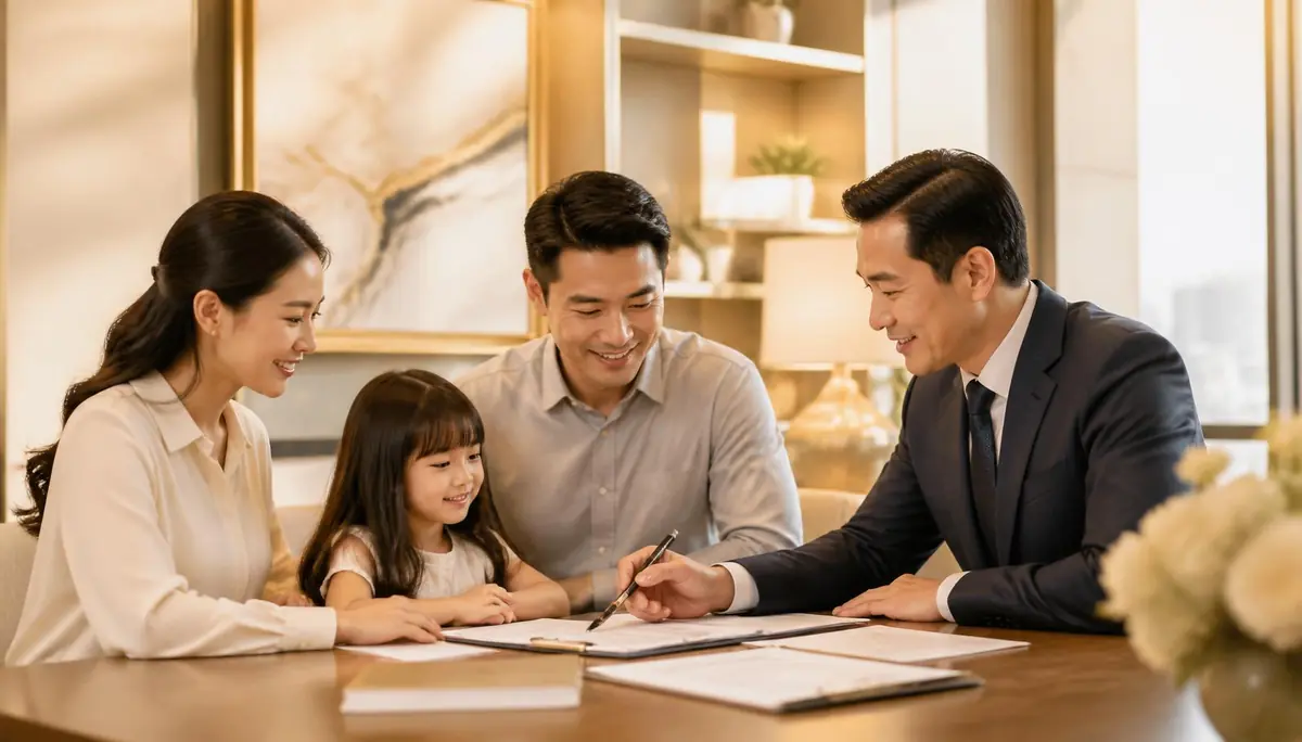 Bilingual mortgage advisor reviewing loan documents with a client family